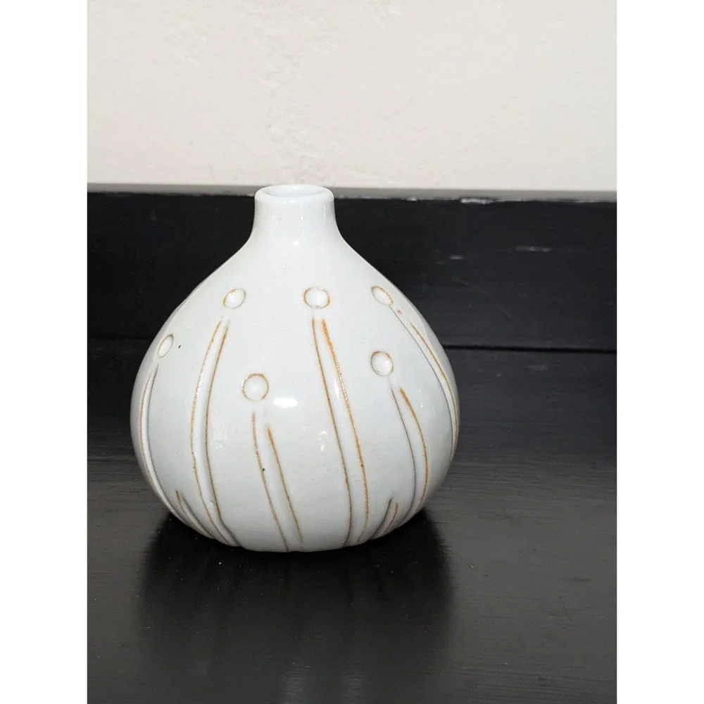 Vintage MCM Neutral‎ Stoneware Bud Vase With Abstract Floral Motif Glossy Finish